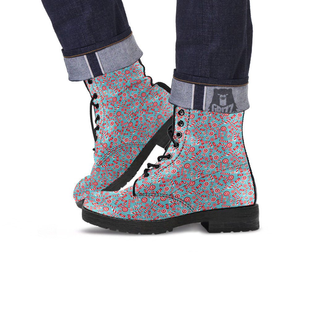 Candy Cane Christmas Print Pattern Leather Boots-grizzshop