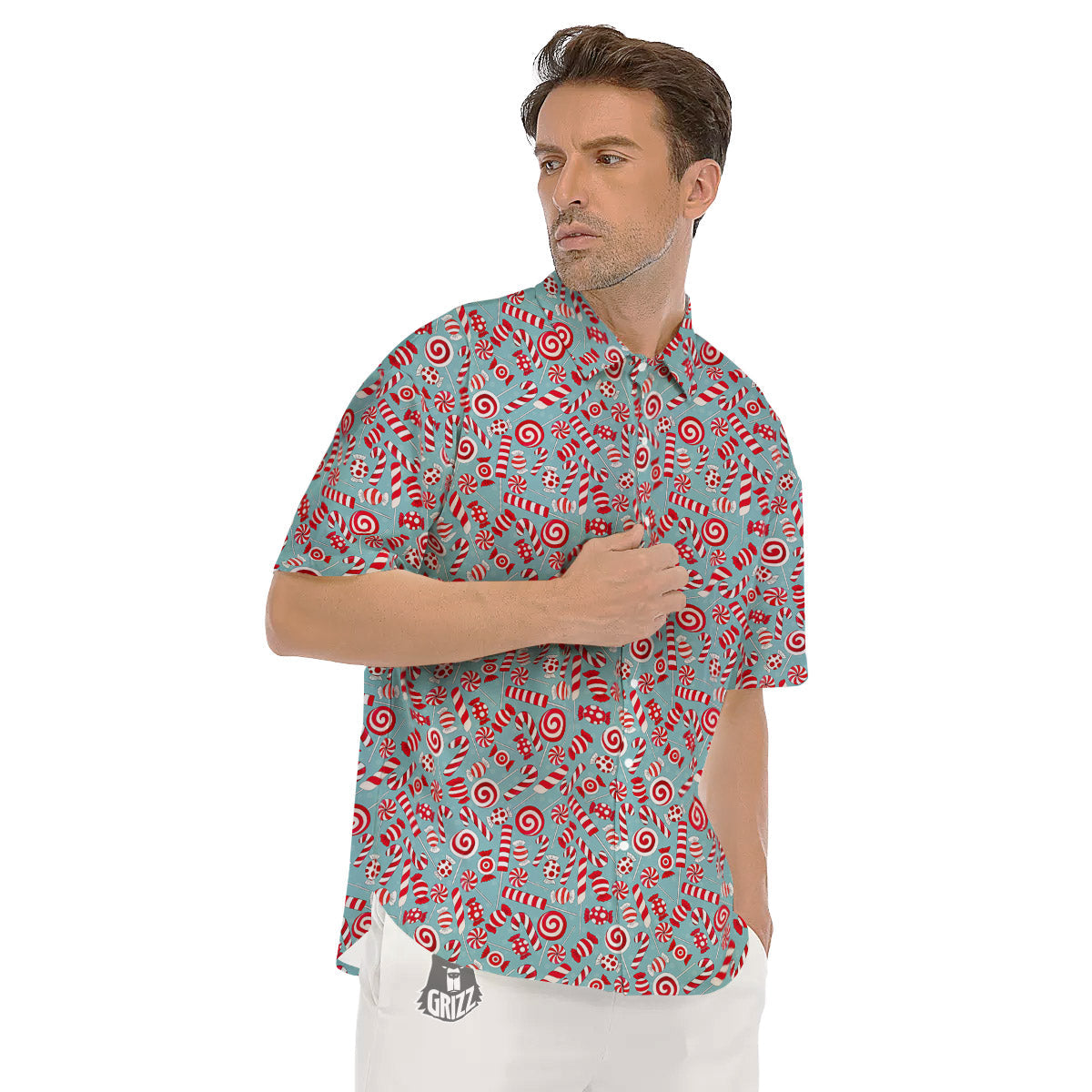 Candy Cane Christmas Print Pattern Men's Short Sleeve Shirts-grizzshop