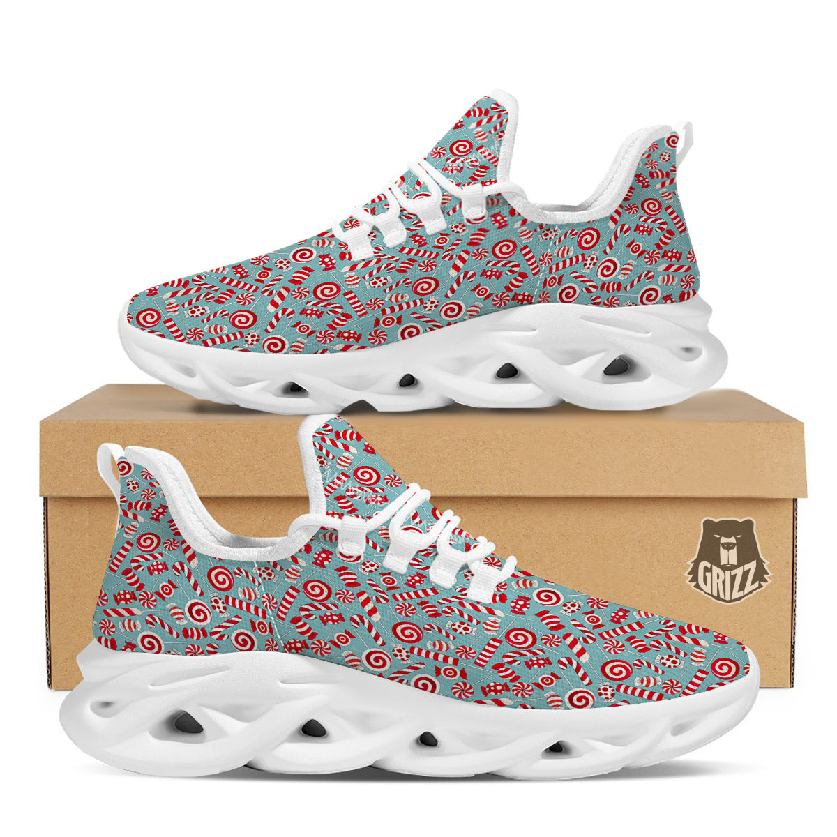 Candy Cane Christmas Print Pattern White Running Shoes-grizzshop
