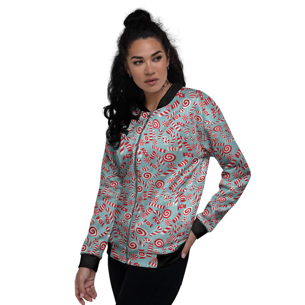 Candy Cane Christmas Print Pattern Women's Bomber Jacket-grizzshop