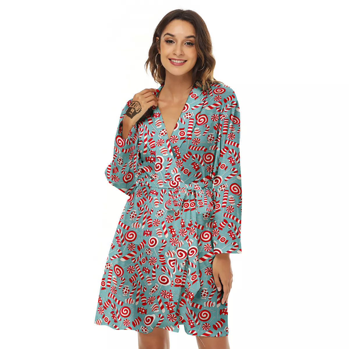 Candy Cane Christmas Print Pattern Women's Robe-grizzshop