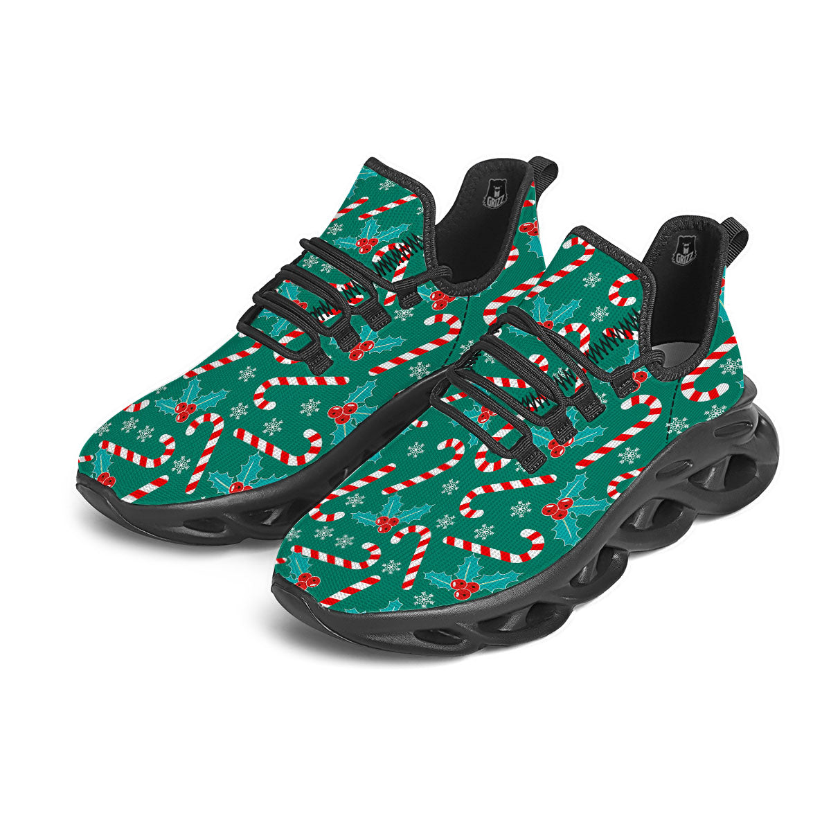 Candy Cane Merry Christmas Print Pattern Black Running Shoes-grizzshop