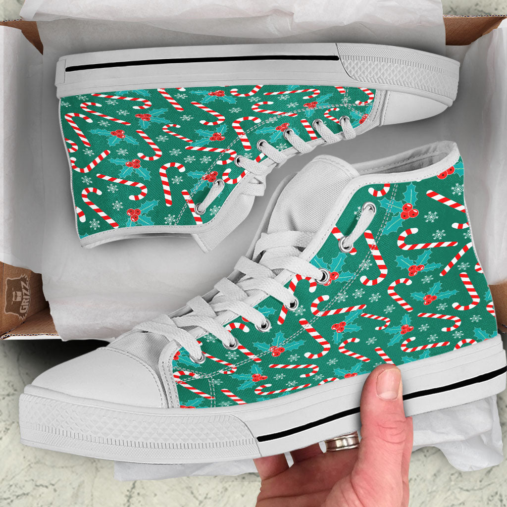 Candy Cane Merry Christmas Print Pattern White High Top Shoes-grizzshop