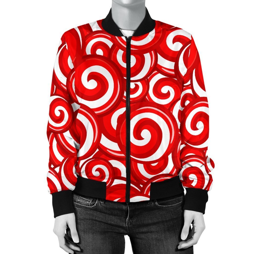 Candy Cane Pattern Print Women Casual Bomber Jacket-grizzshop