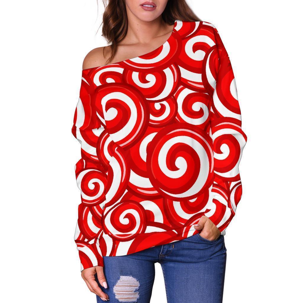 Candy Cane Pattern Print Women Off Shoulder Sweatshirt-grizzshop