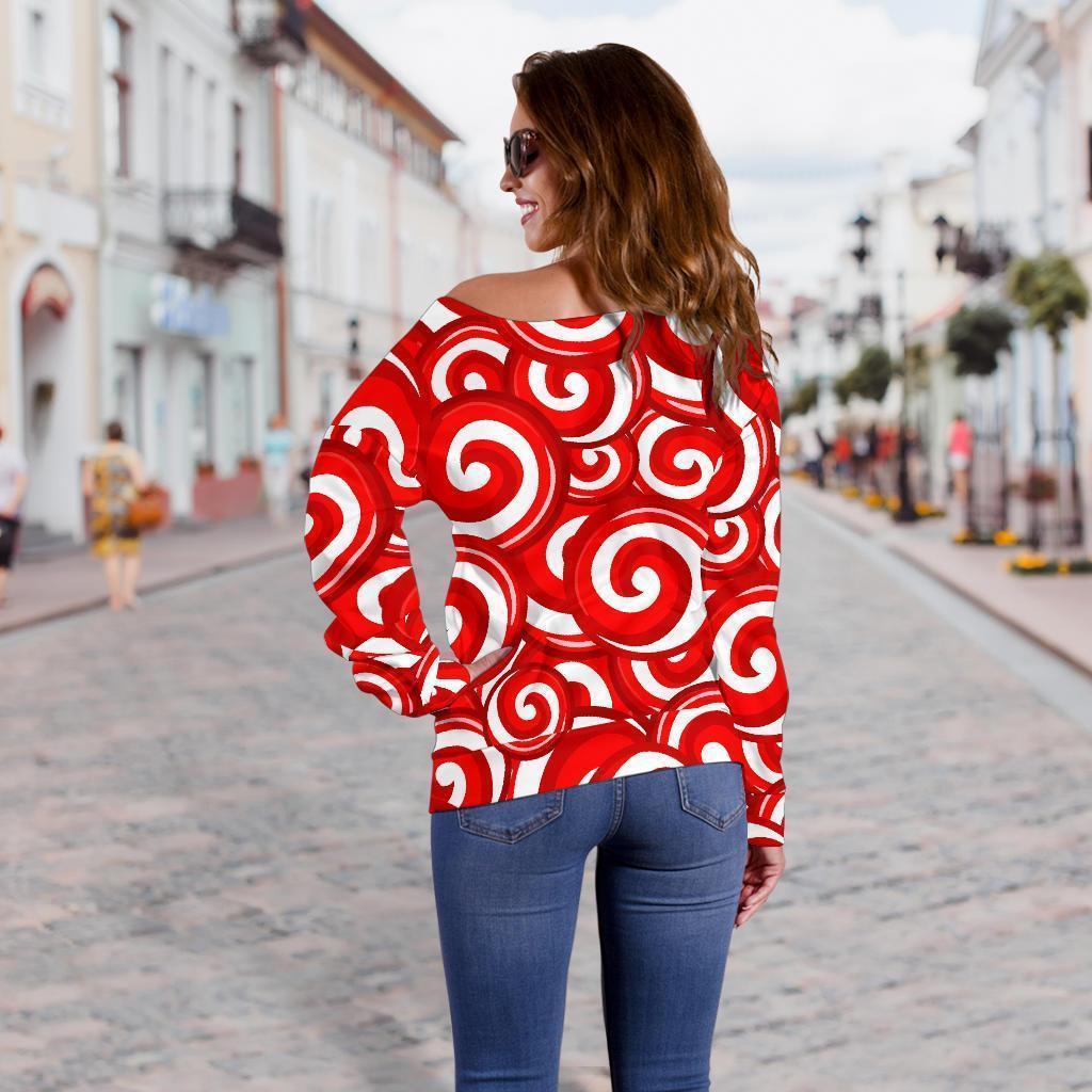 Candy Cane Pattern Print Women Off Shoulder Sweatshirt-grizzshop