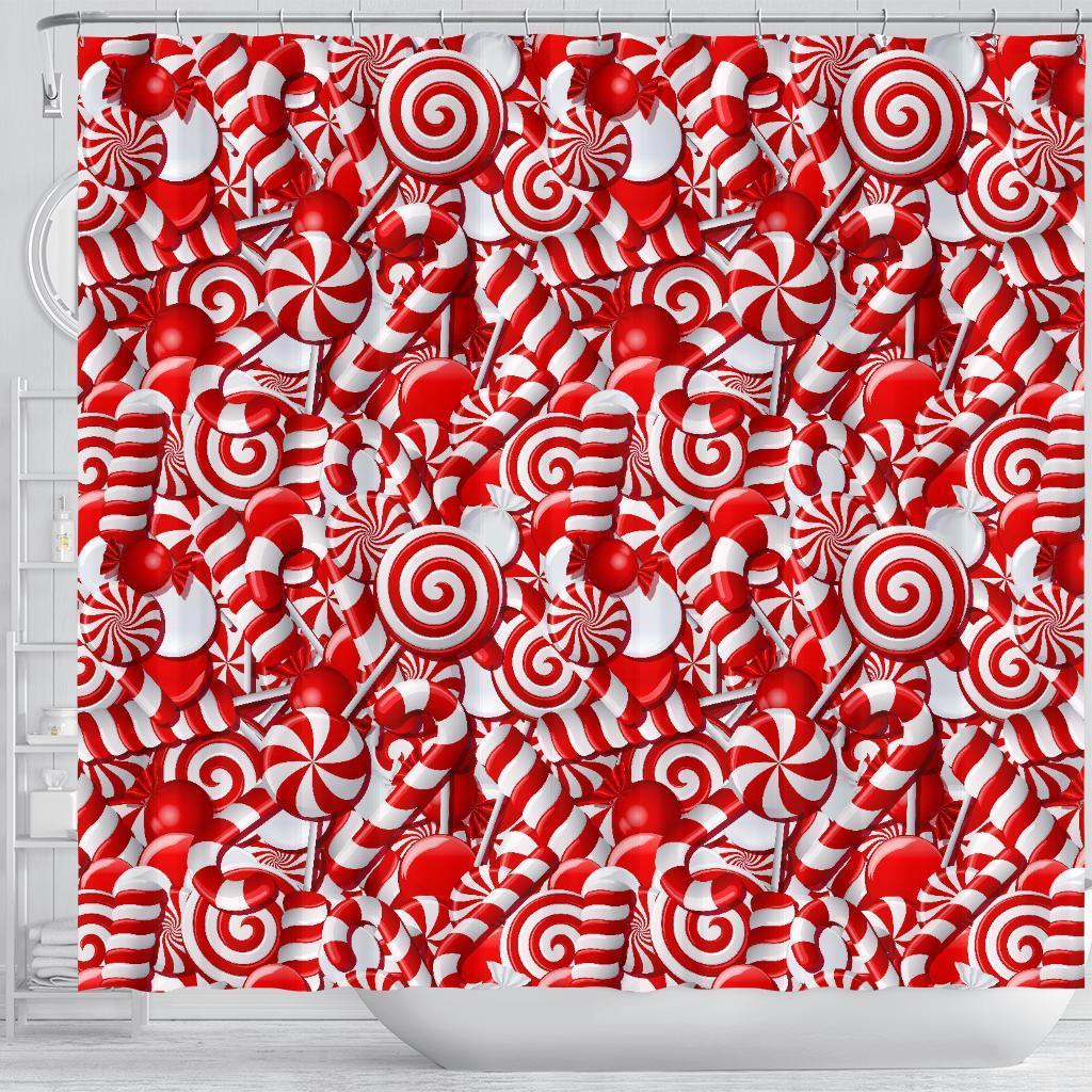 Candy Cane Print Pattern Bathroom Shower Curtain-grizzshop