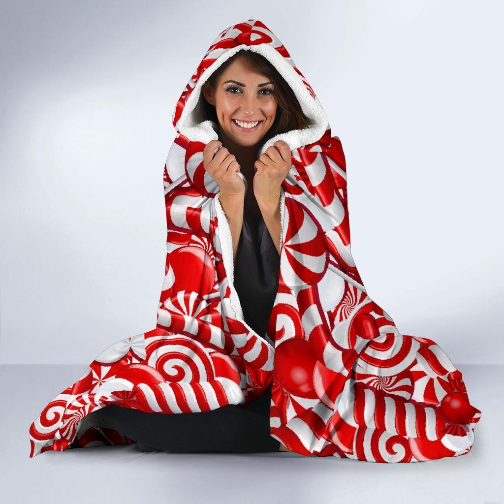 Candy Cane Print Pattern Hooded Blanket-grizzshop