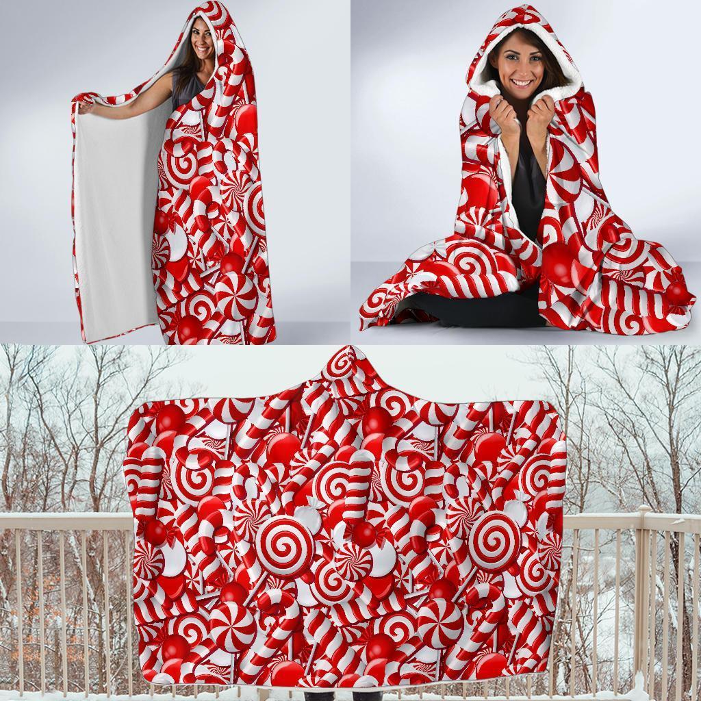 Candy Cane Print Pattern Hooded Blanket-grizzshop