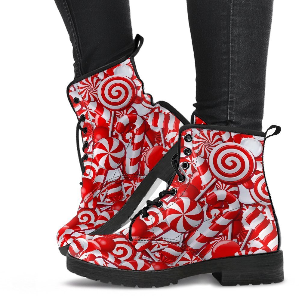 Candy Cane Print Pattern Men Women Leather Boots-grizzshop