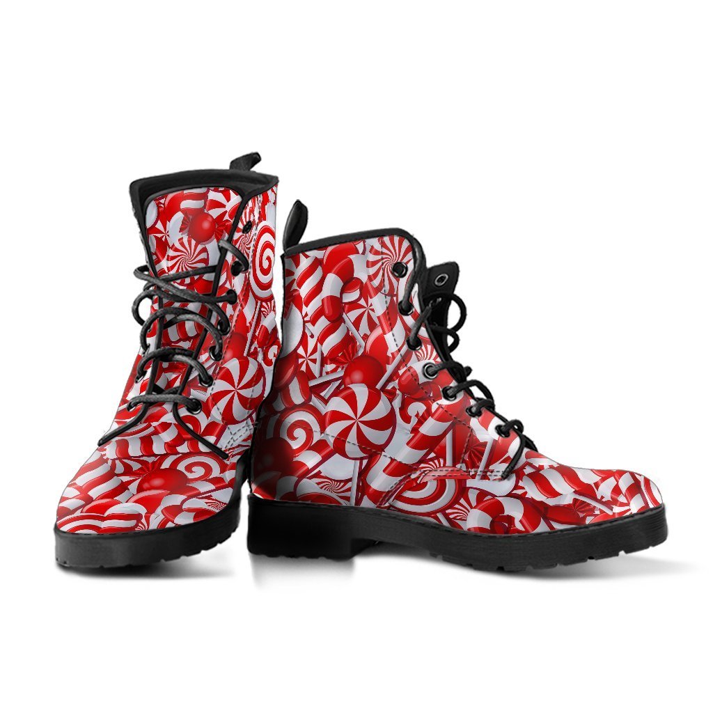 Candy Cane Print Pattern Men Women Leather Boots-grizzshop