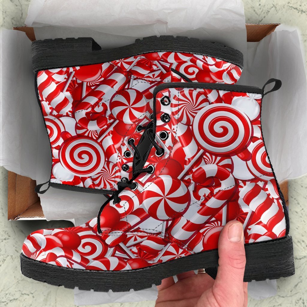 Candy Cane Print Pattern Men Women Leather Boots-grizzshop