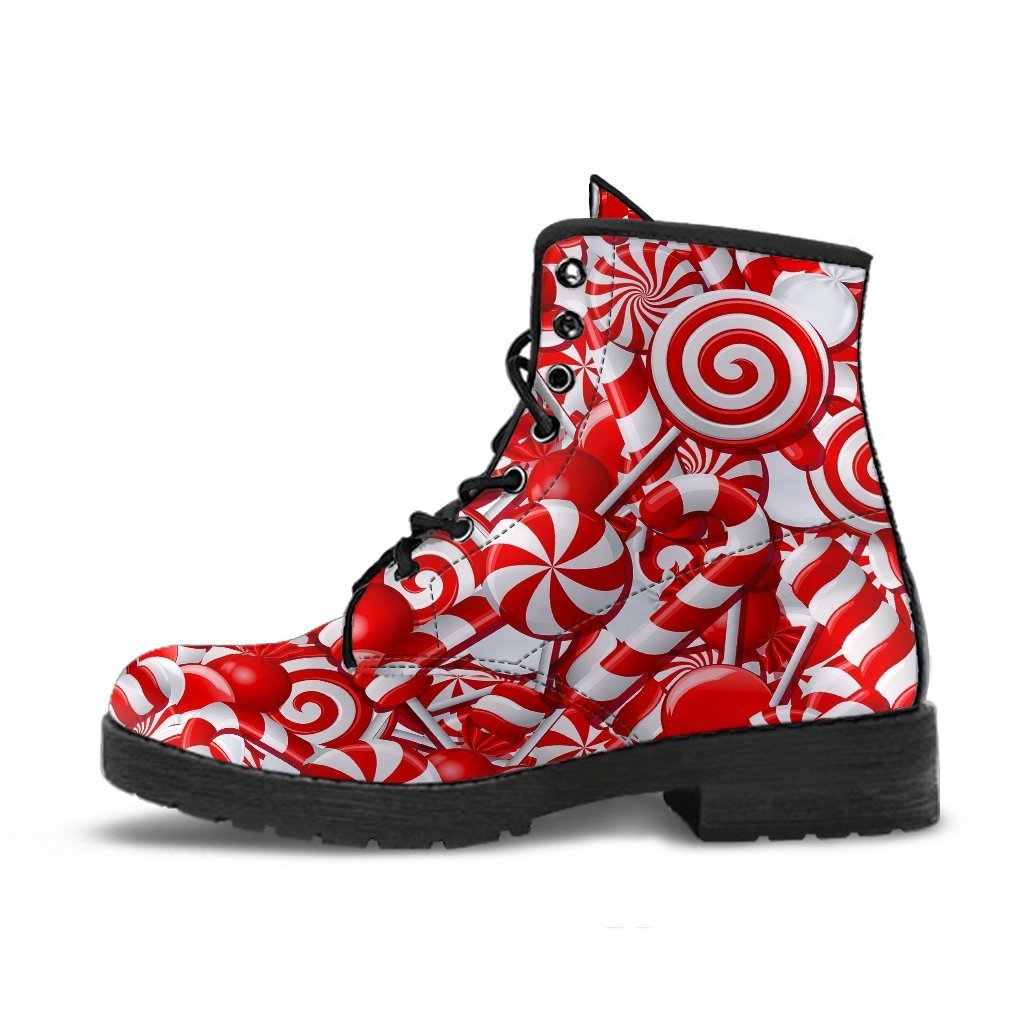 Candy Cane Print Pattern Men Women Leather Boots-grizzshop