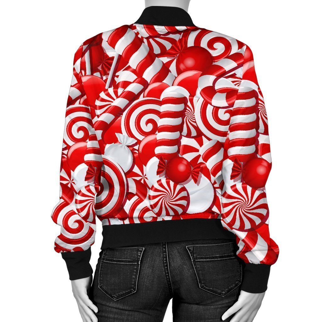 Candy Cane Print Pattern Women Casual Bomber Jacket-grizzshop