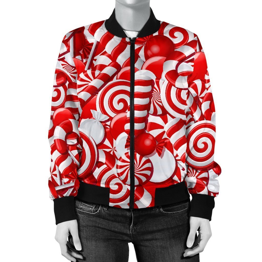 Candy Cane Print Pattern Women Casual Bomber Jacket-grizzshop