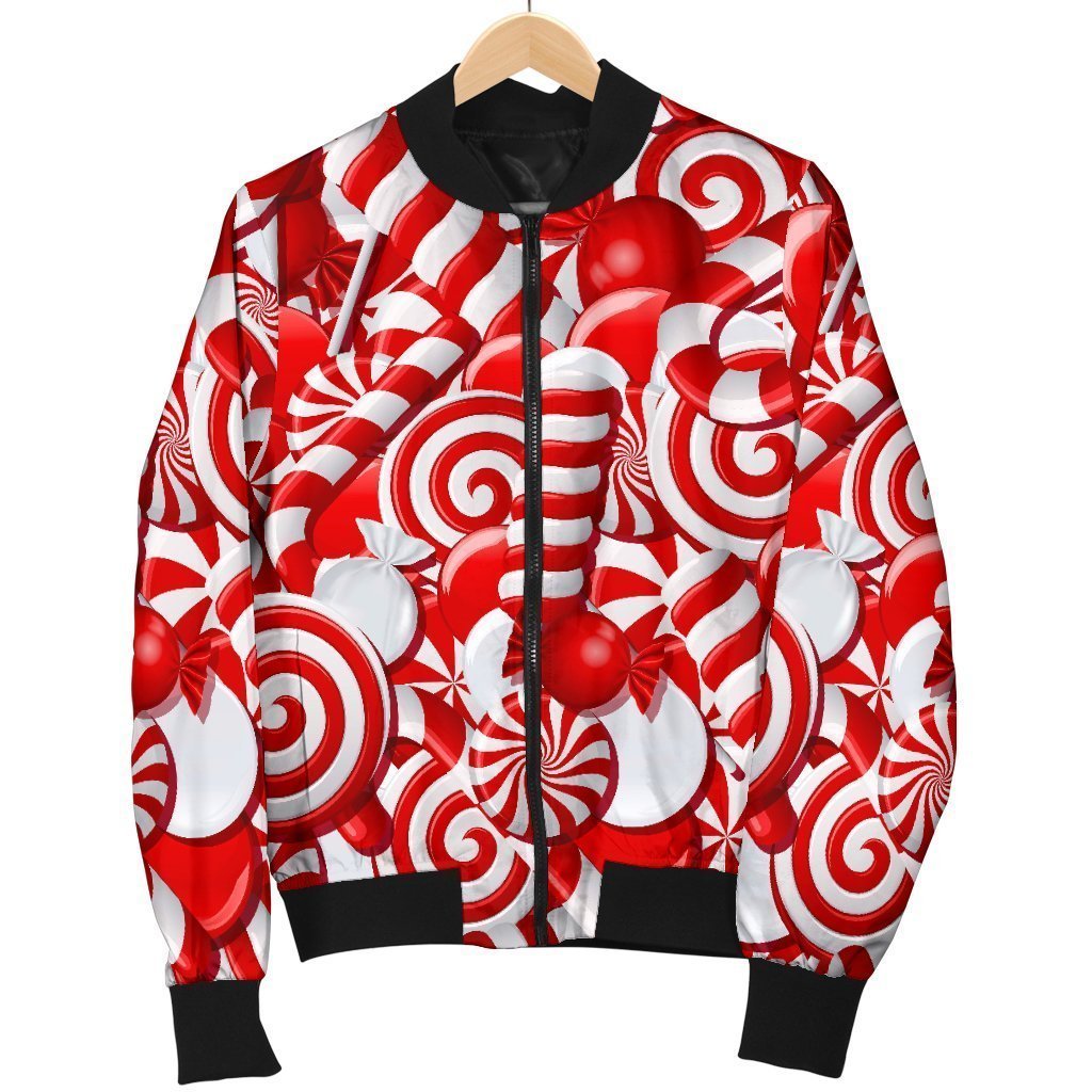 Candy Cane Print Pattern Women Casual Bomber Jacket-grizzshop
