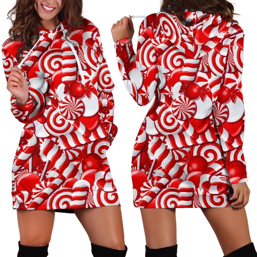 Candy Cane Print Pattern Women Hoodie Dress-grizzshop