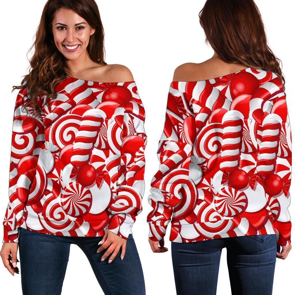 Candy Cane Print Pattern Women Off Shoulder Sweatshirt-grizzshop