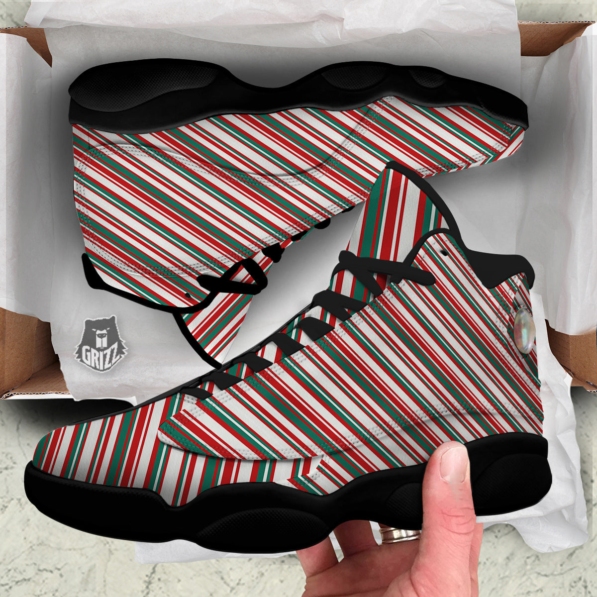 Candy Cane Stripe Christmas Print Black Basketball Shoes-grizzshop