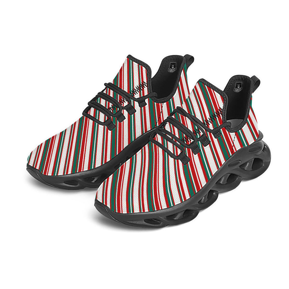 Candy Cane Stripe Christmas Print Black Running Shoes-grizzshop