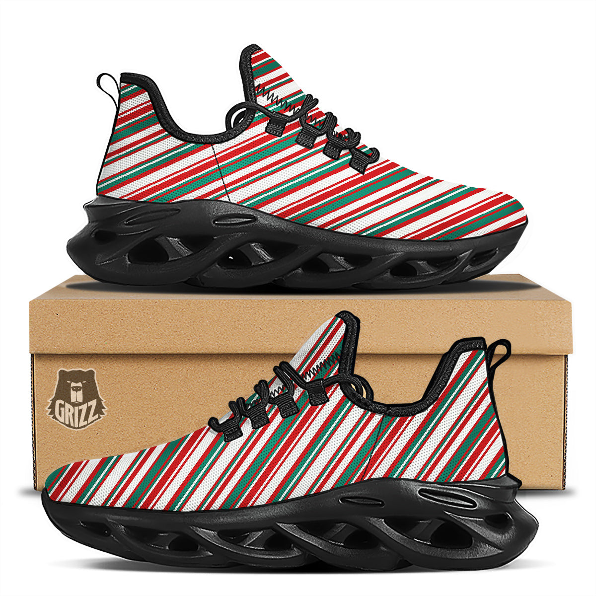 Candy Cane Stripe Christmas Print Black Running Shoes-grizzshop