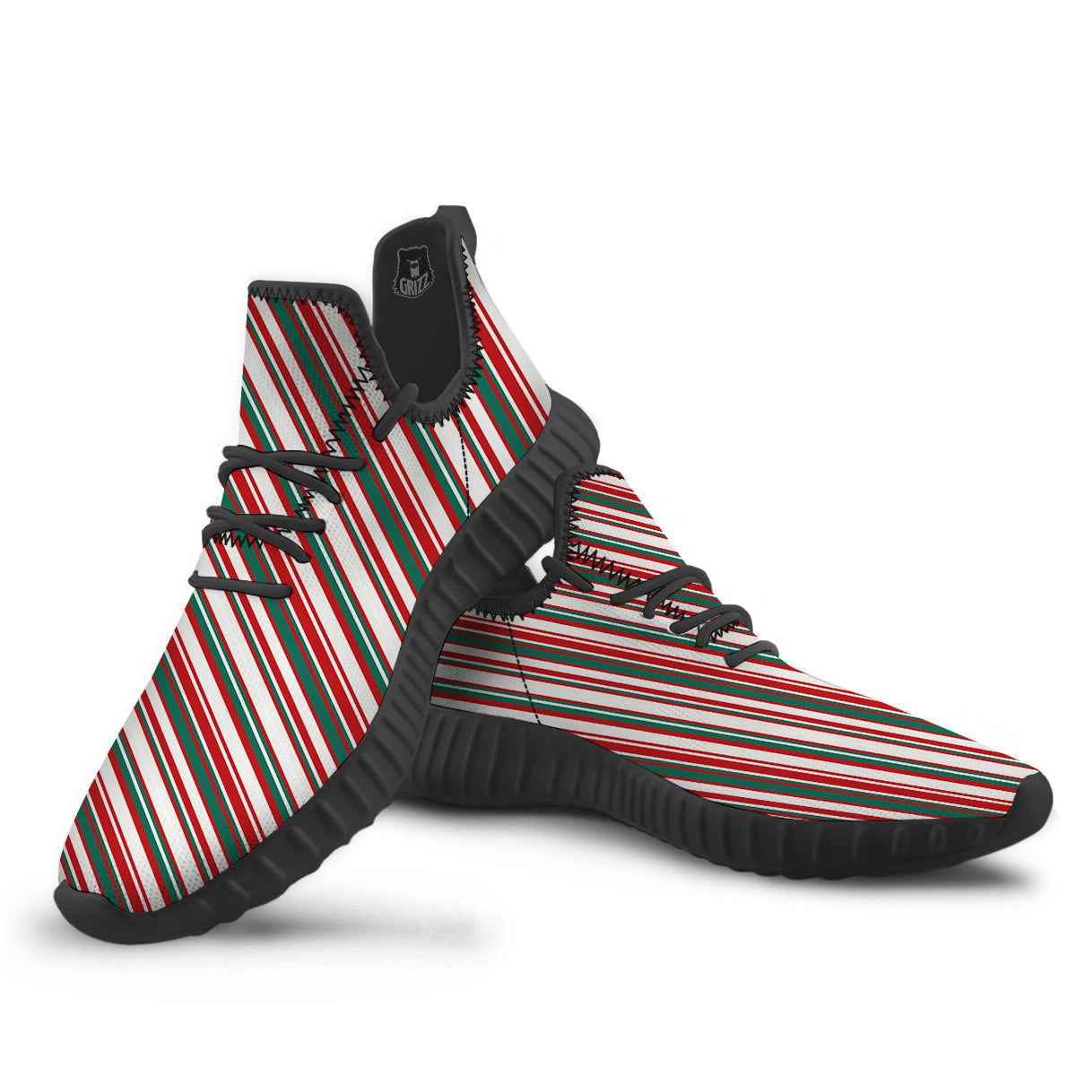 Candy Cane Stripe Christmas Print Black Walking Shoes-grizzshop