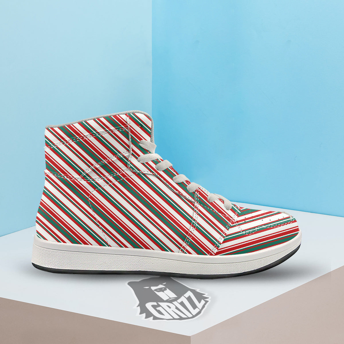 Candy Cane Stripe Christmas Print High Top Sneakers-grizzshop