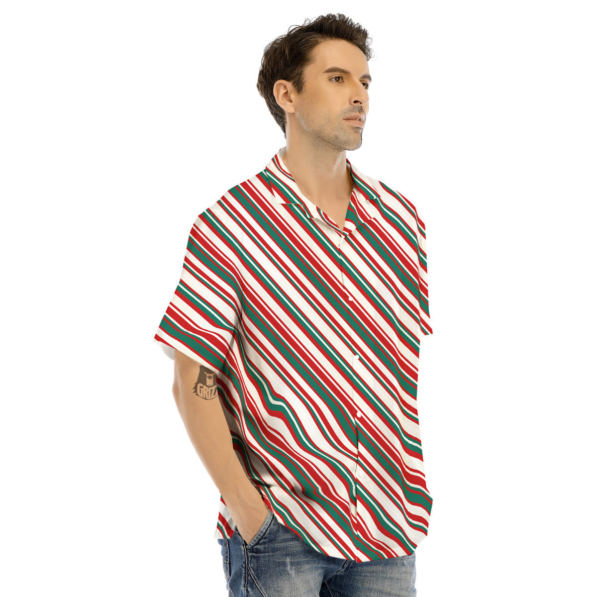 Candy Cane Stripe Christmas Print Men's Hawaiian Shirt-grizzshop