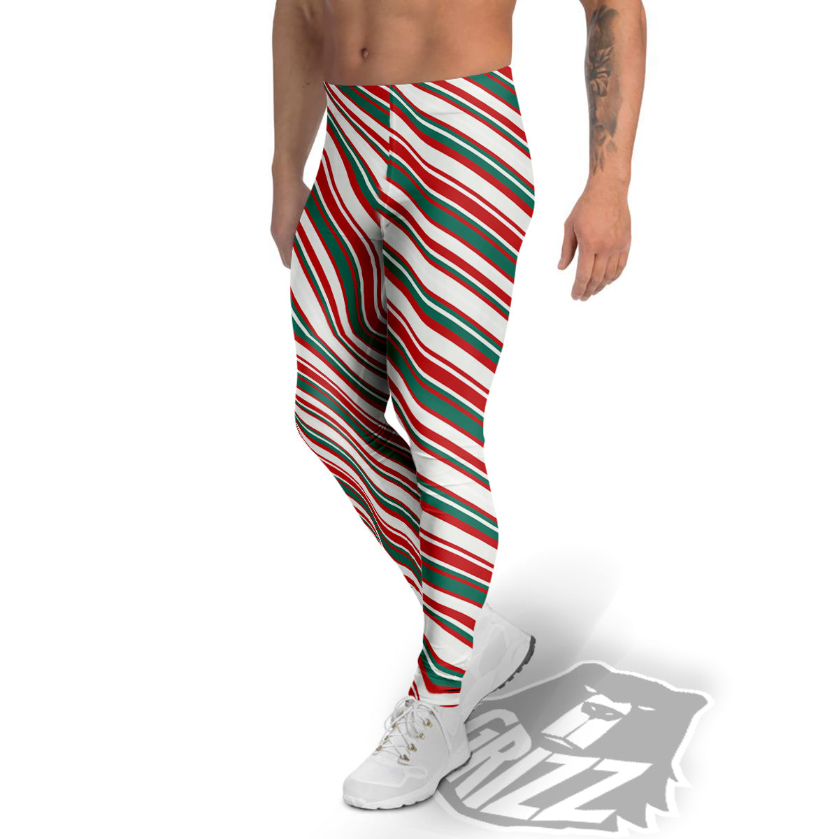 Candy Cane Stripe Christmas Print Men's Leggings-grizzshop