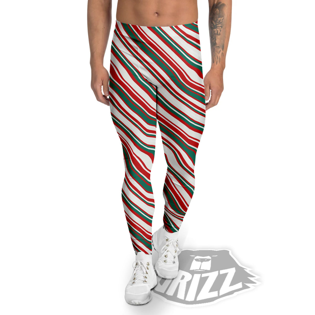 Candy Cane Stripe Christmas Print Men's Leggings-grizzshop