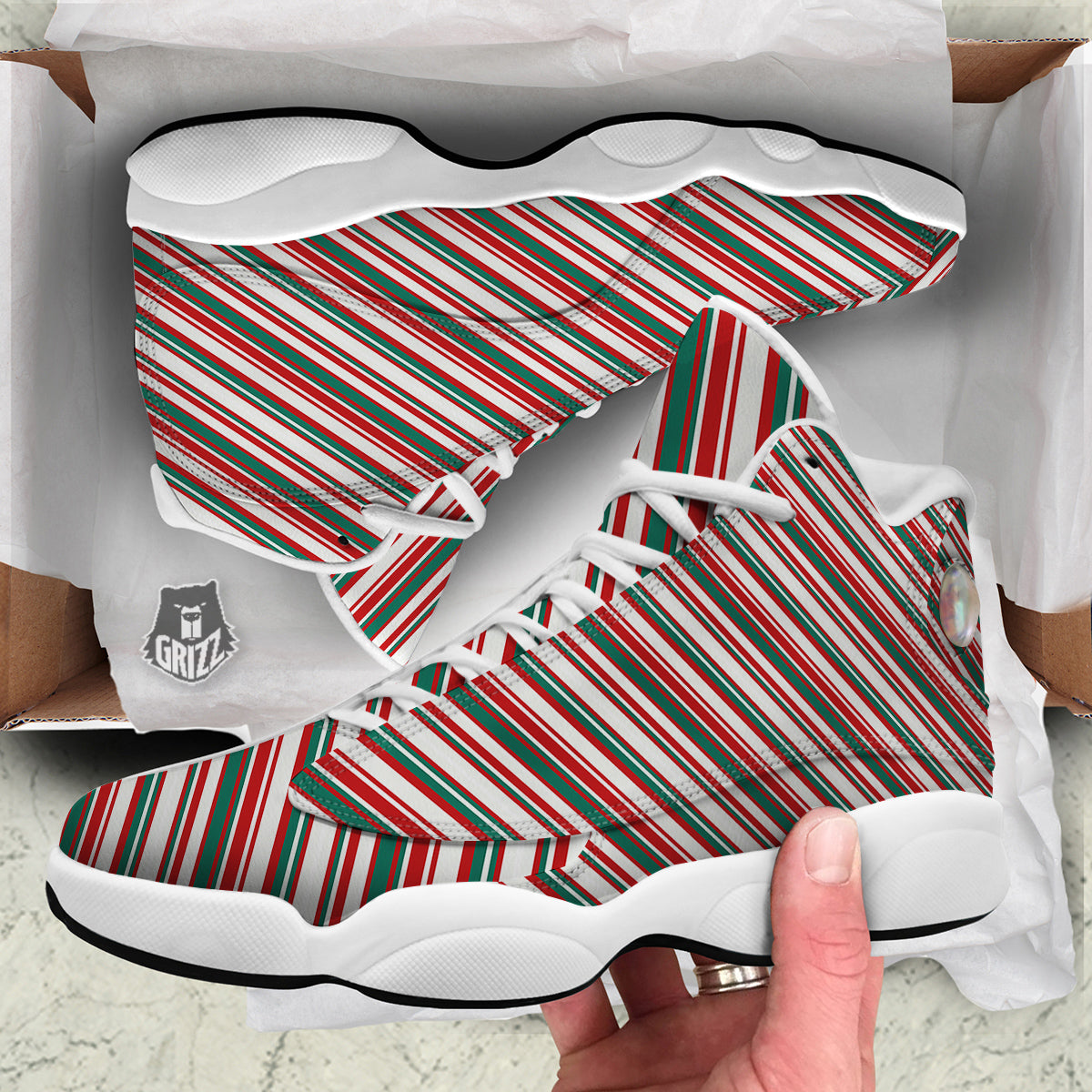 Candy Cane Stripe Christmas Print White Basketball Shoes-grizzshop