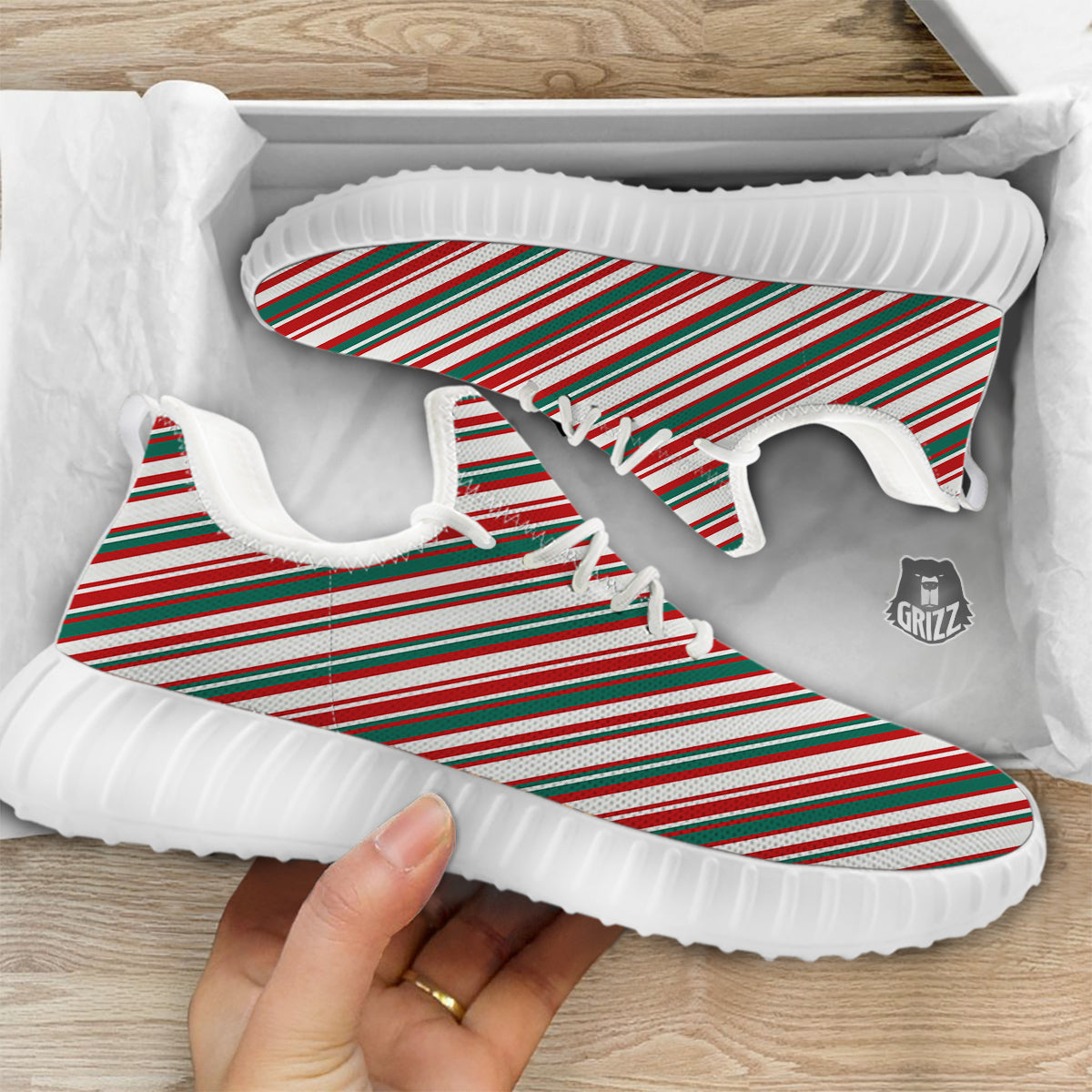 Candy Cane Stripe Christmas Print White Walking Shoes-grizzshop
