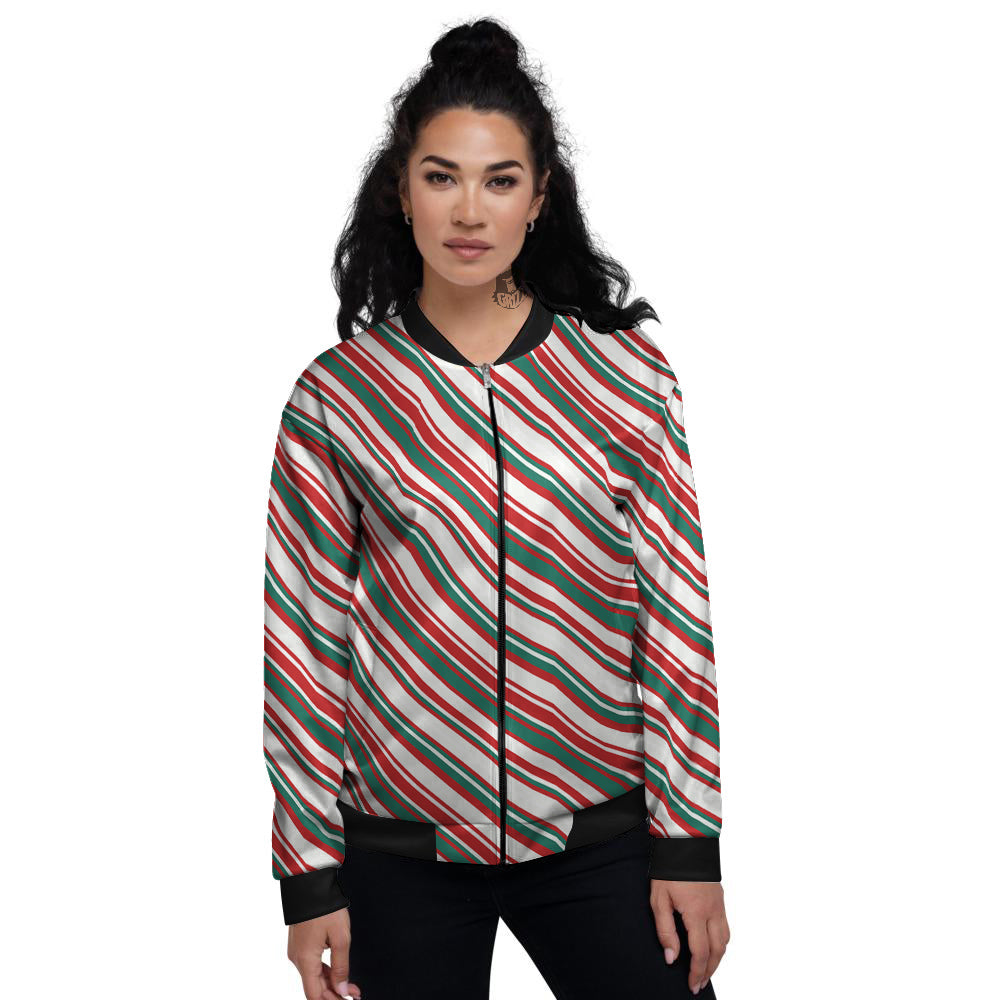Candy Cane Stripe Christmas Print Women's Bomber Jacket-grizzshop
