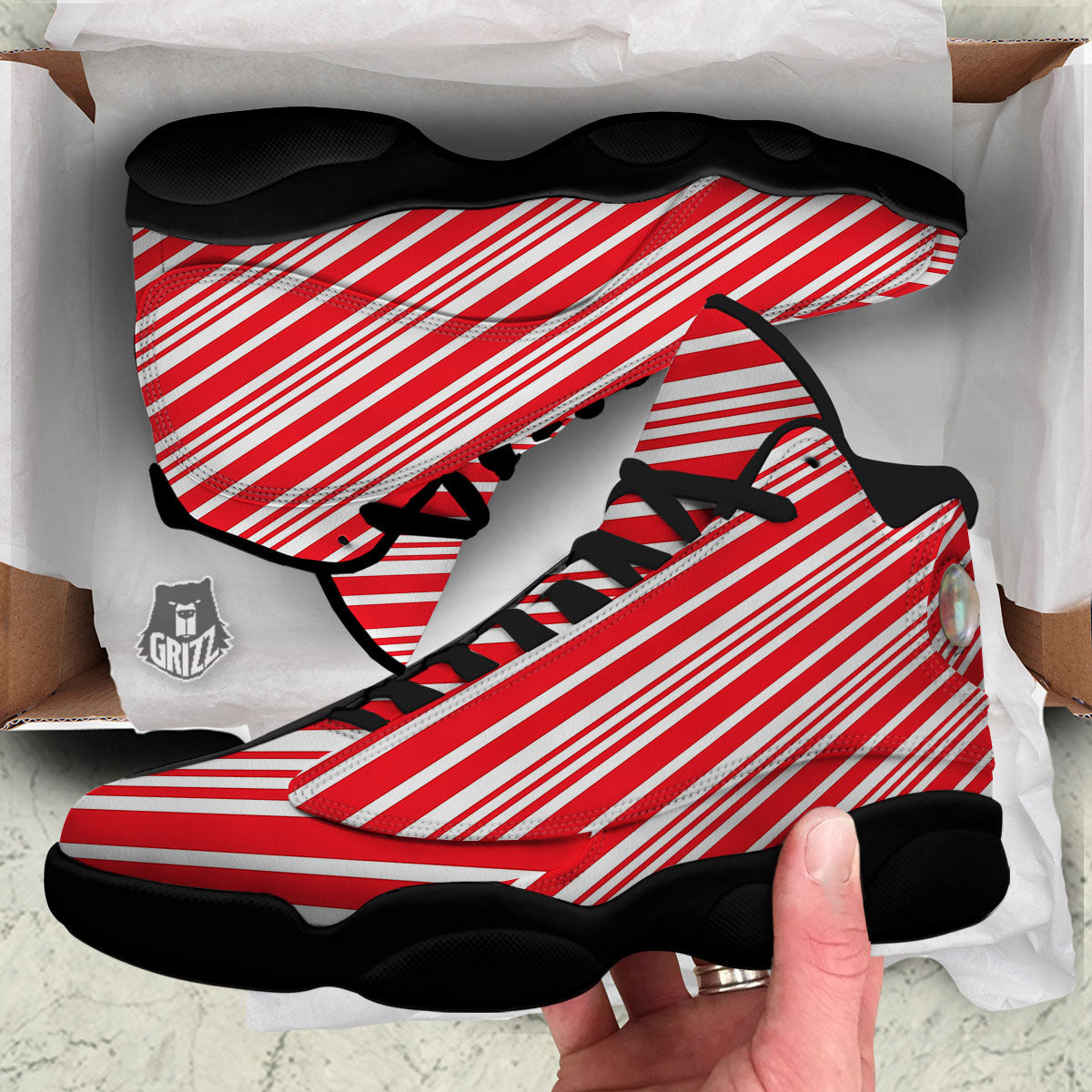 Candy Cane Stripe White And Red Print Black Basketball Shoes-grizzshop