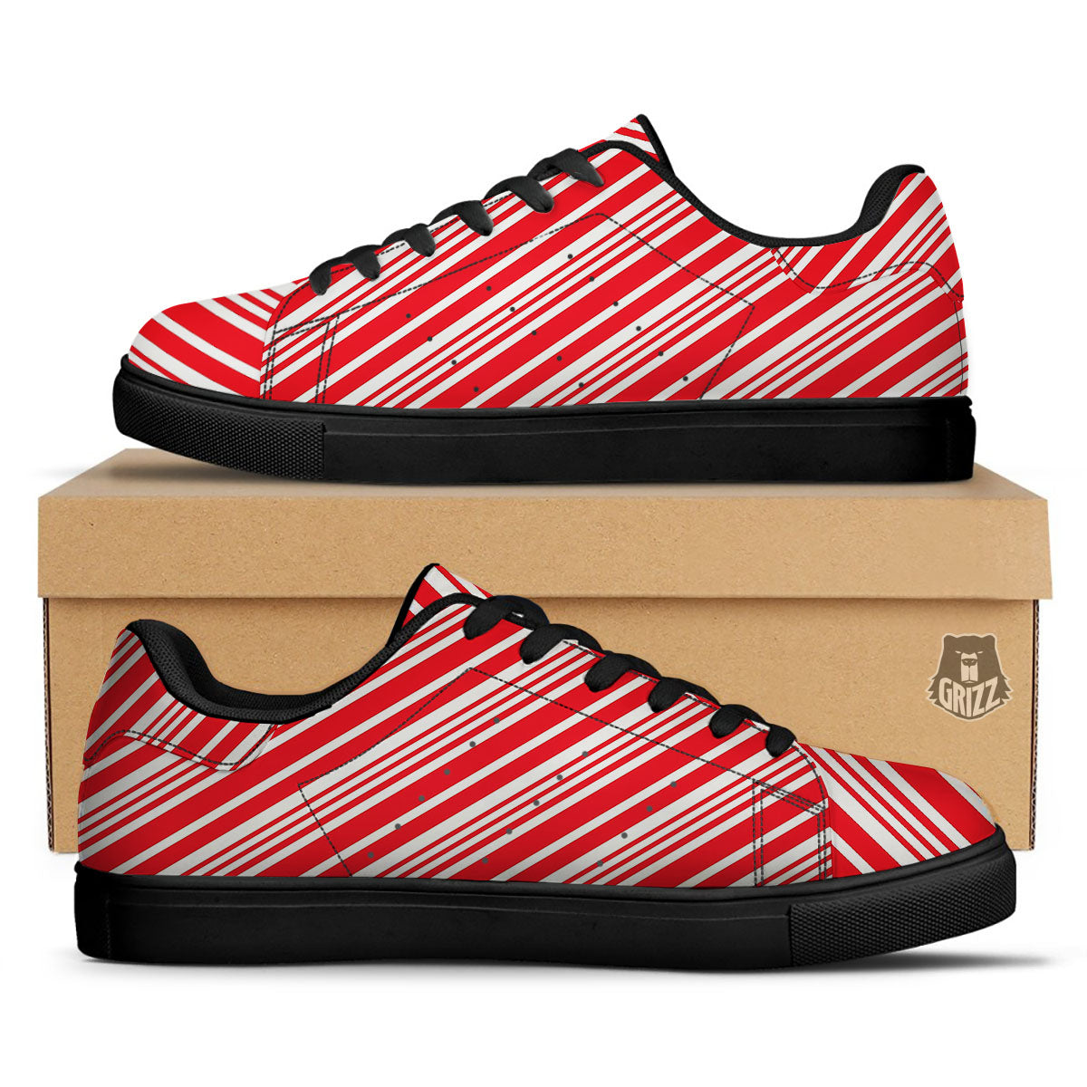 Candy Cane Stripe White And Red Print Black Low Top Sneakers-grizzshop