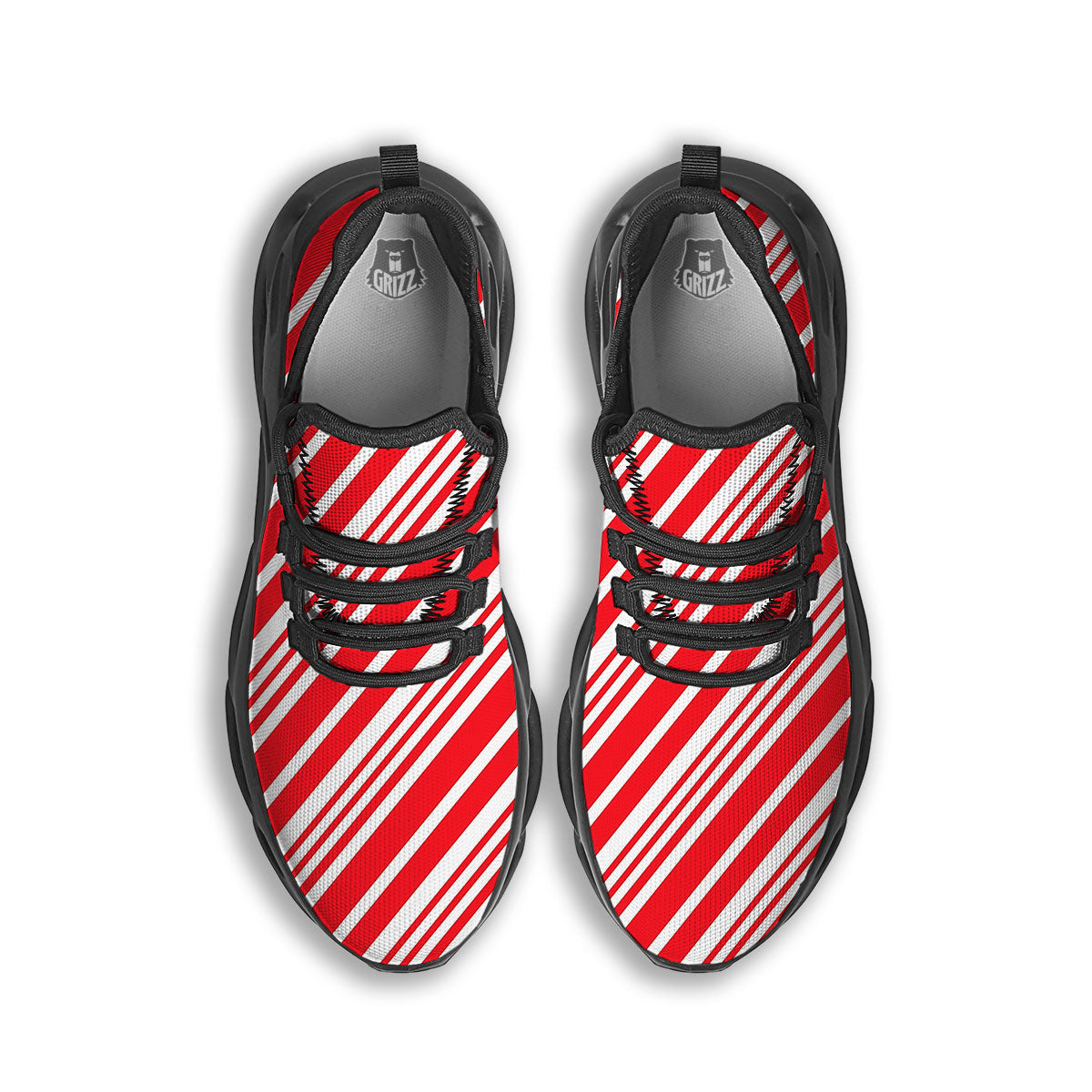 Candy Cane Stripe White And Red Print Black Running Shoes-grizzshop