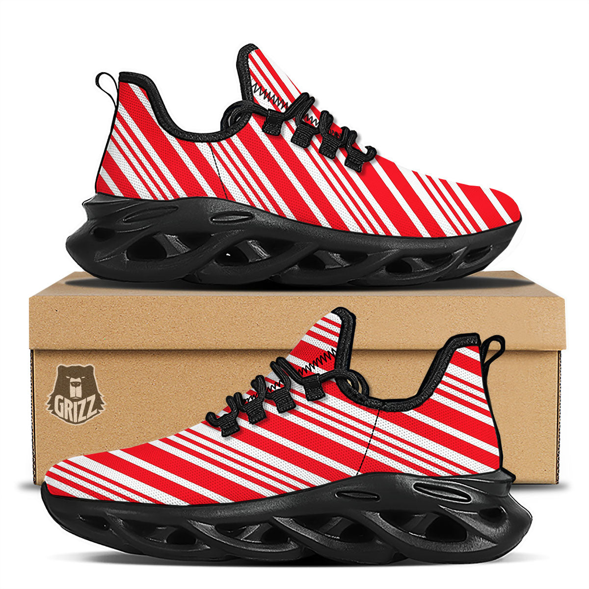 Candy Cane Stripe White And Red Print Black Running Shoes-grizzshop