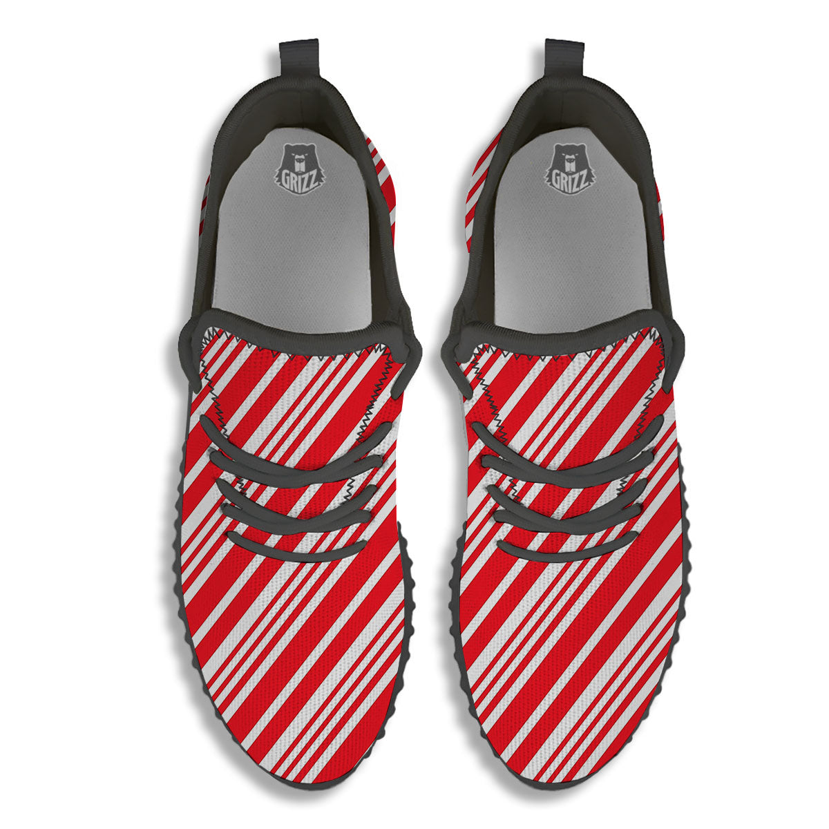 Candy Cane Stripe White And Red Print Black Walking Shoes-grizzshop