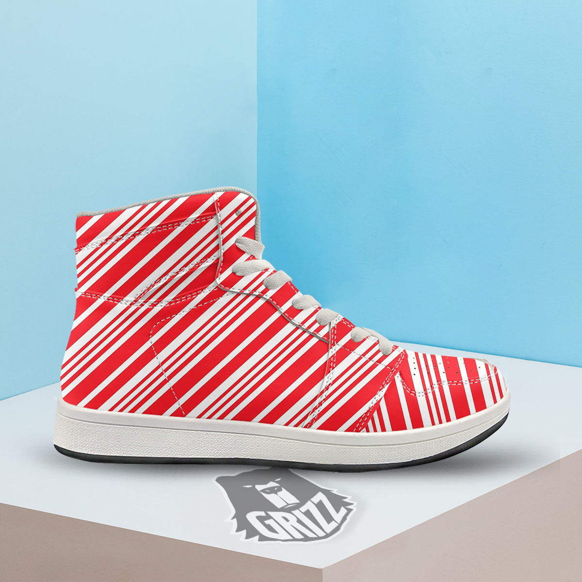 Candy Cane Stripe White And Red Print High Top Sneakers-grizzshop