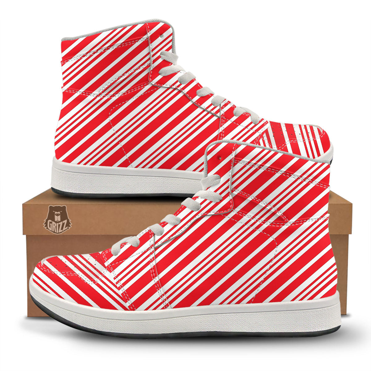 Candy Cane Stripe White And Red Print High Top Sneakers-grizzshop