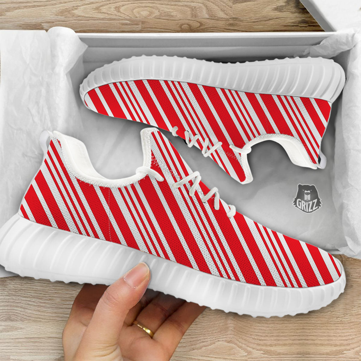 Candy Cane Stripe White And Red Print White Walking Shoes-grizzshop