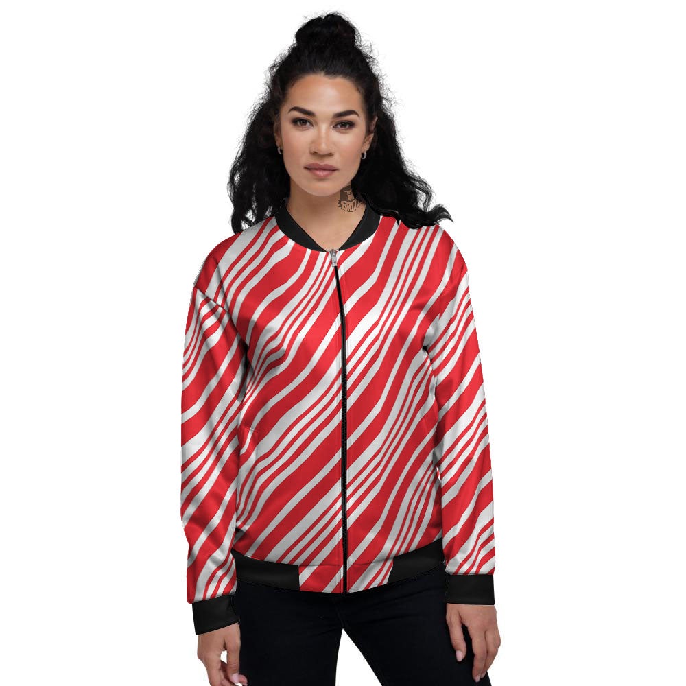 Candy Cane Stripe White And Red Print Women's Bomber Jacket-grizzshop