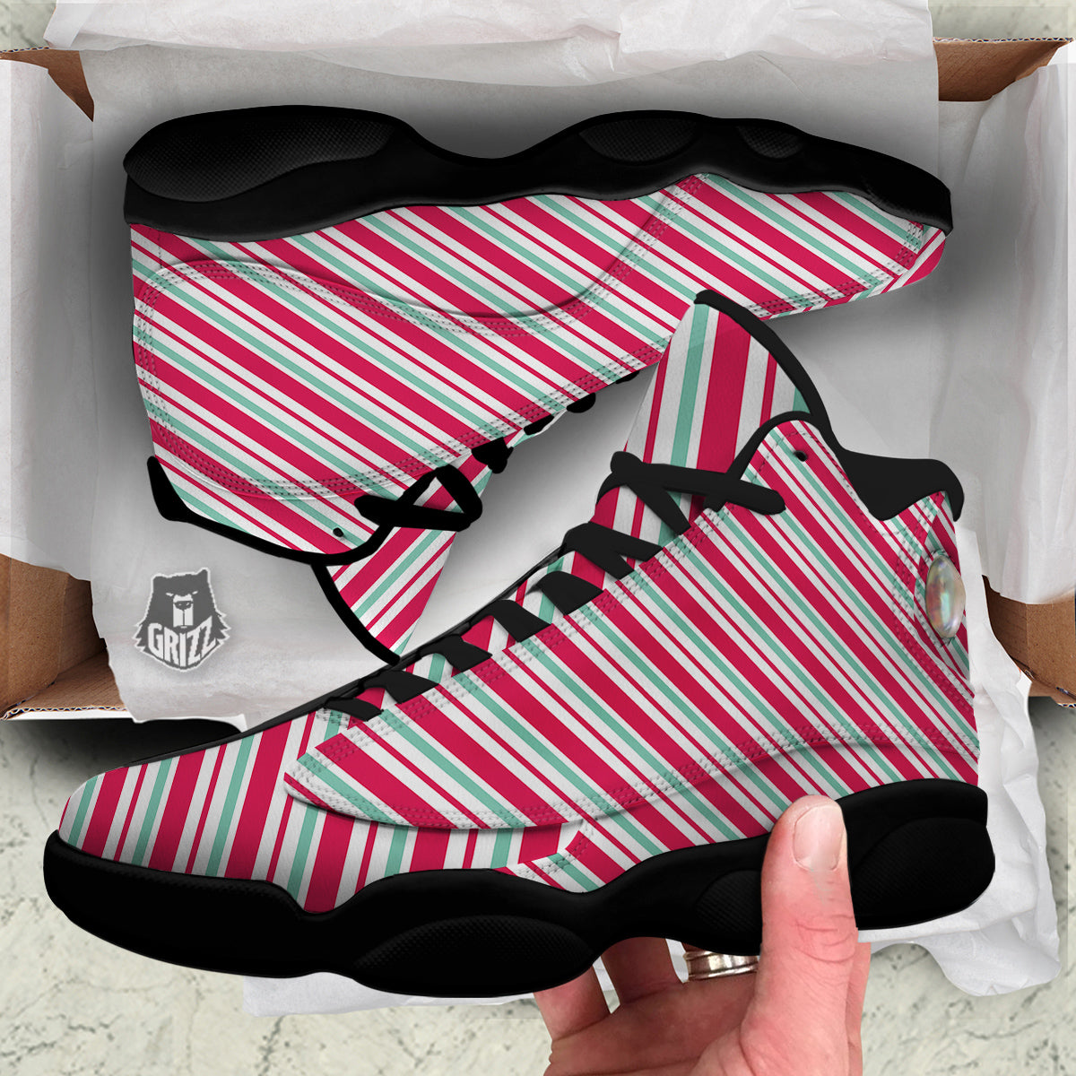 Candy Cane Striped Christmas Print Black Basketball Shoes-grizzshop