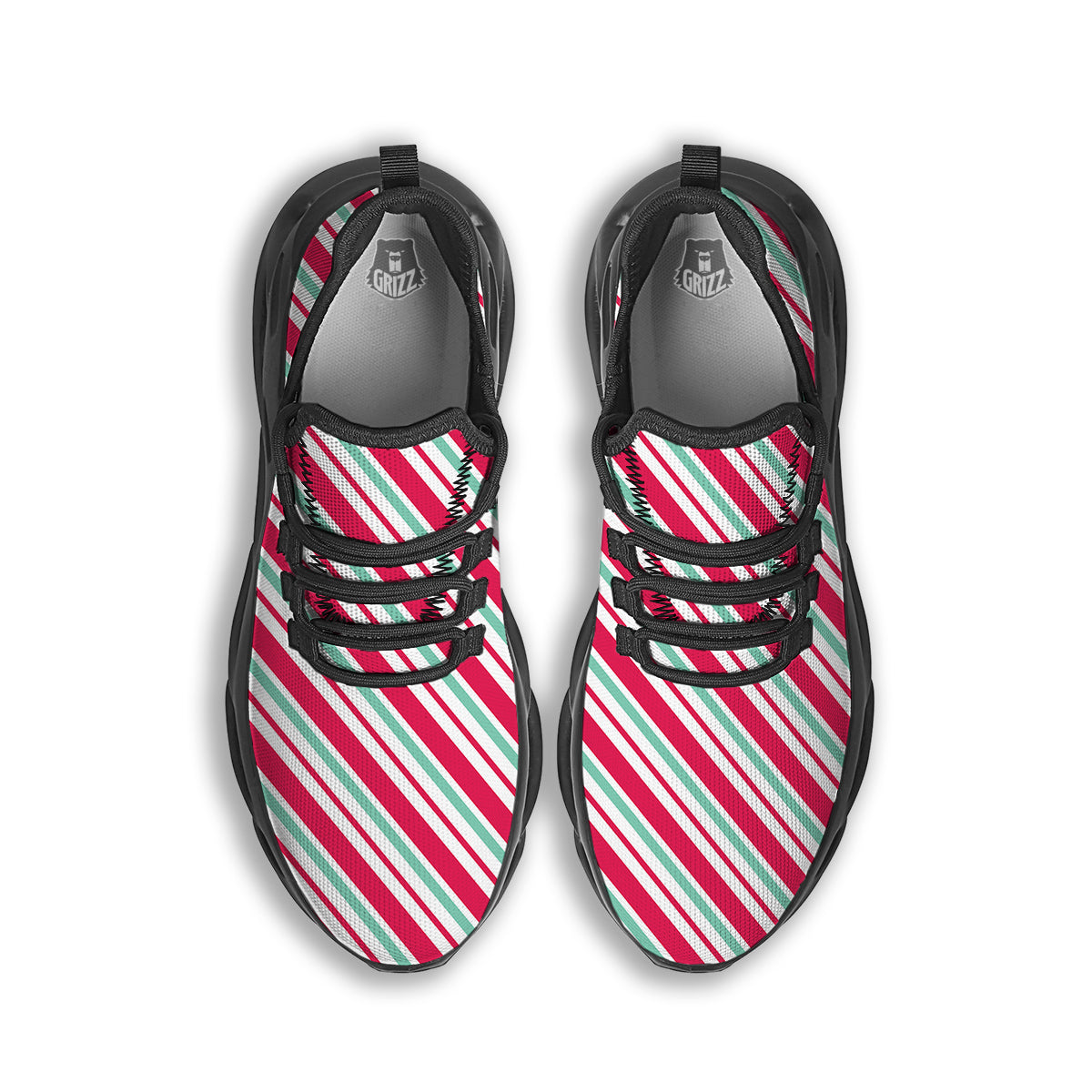 Candy Cane Striped Christmas Print Black Running Shoes-grizzshop