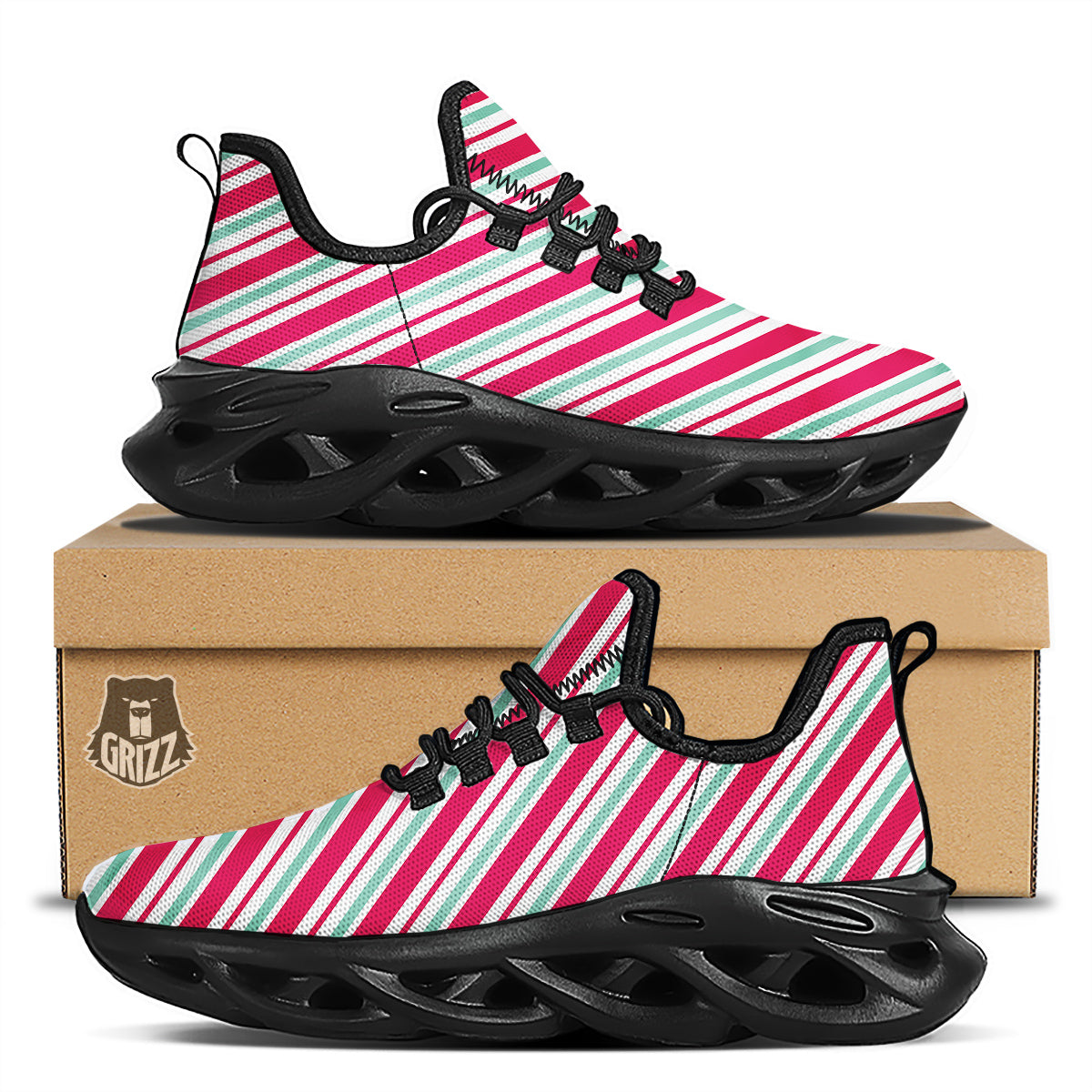 Candy Cane Striped Christmas Print Black Running Shoes-grizzshop