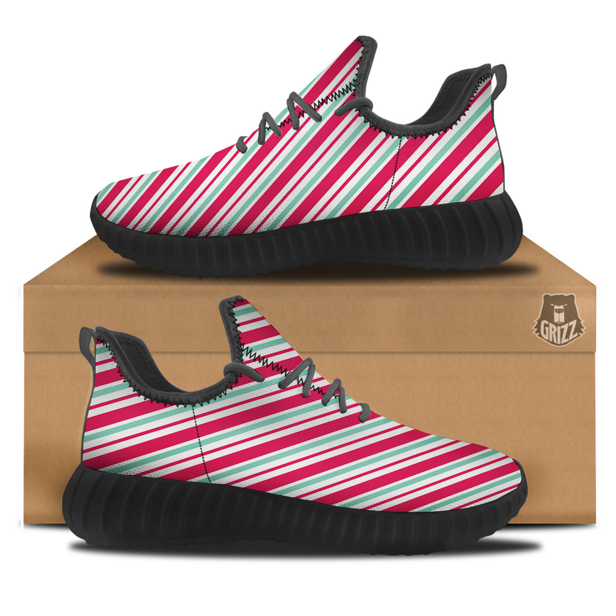 Candy Cane Striped Christmas Print Black Walking Shoes-grizzshop