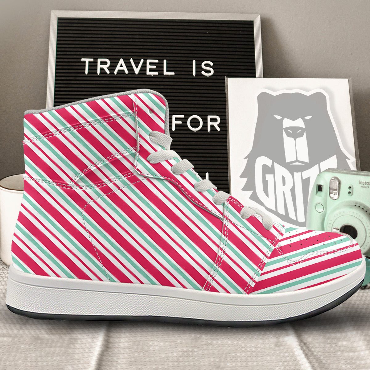 Candy Cane Striped Christmas Print High Top Sneakers-grizzshop
