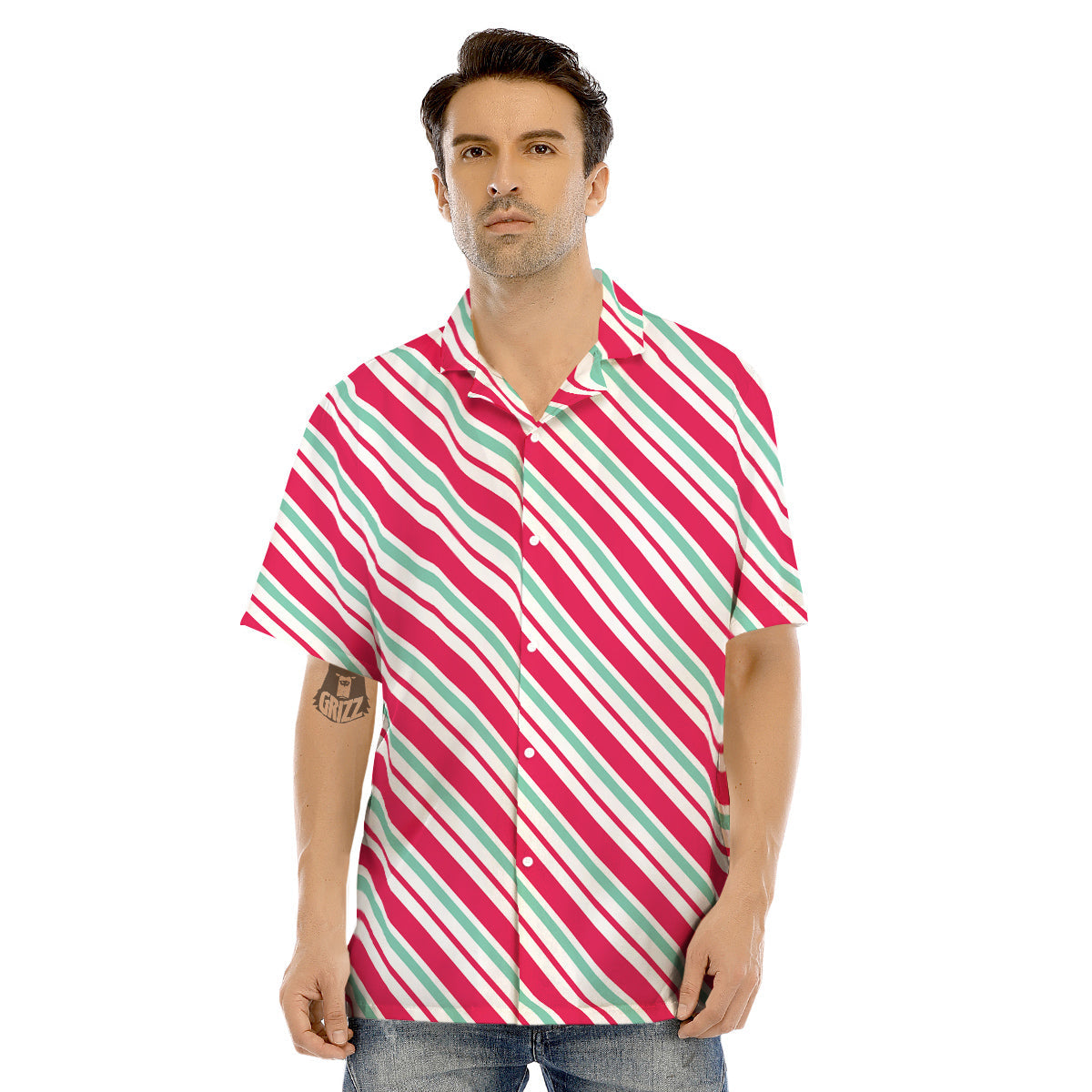 Candy Cane Striped Christmas Print Men's Hawaiian Shirt-grizzshop
