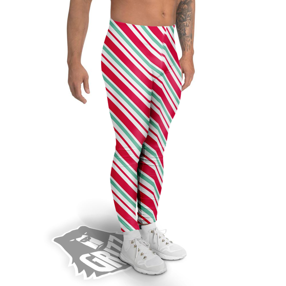 Candy Cane Striped Christmas Print Men's Leggings-grizzshop