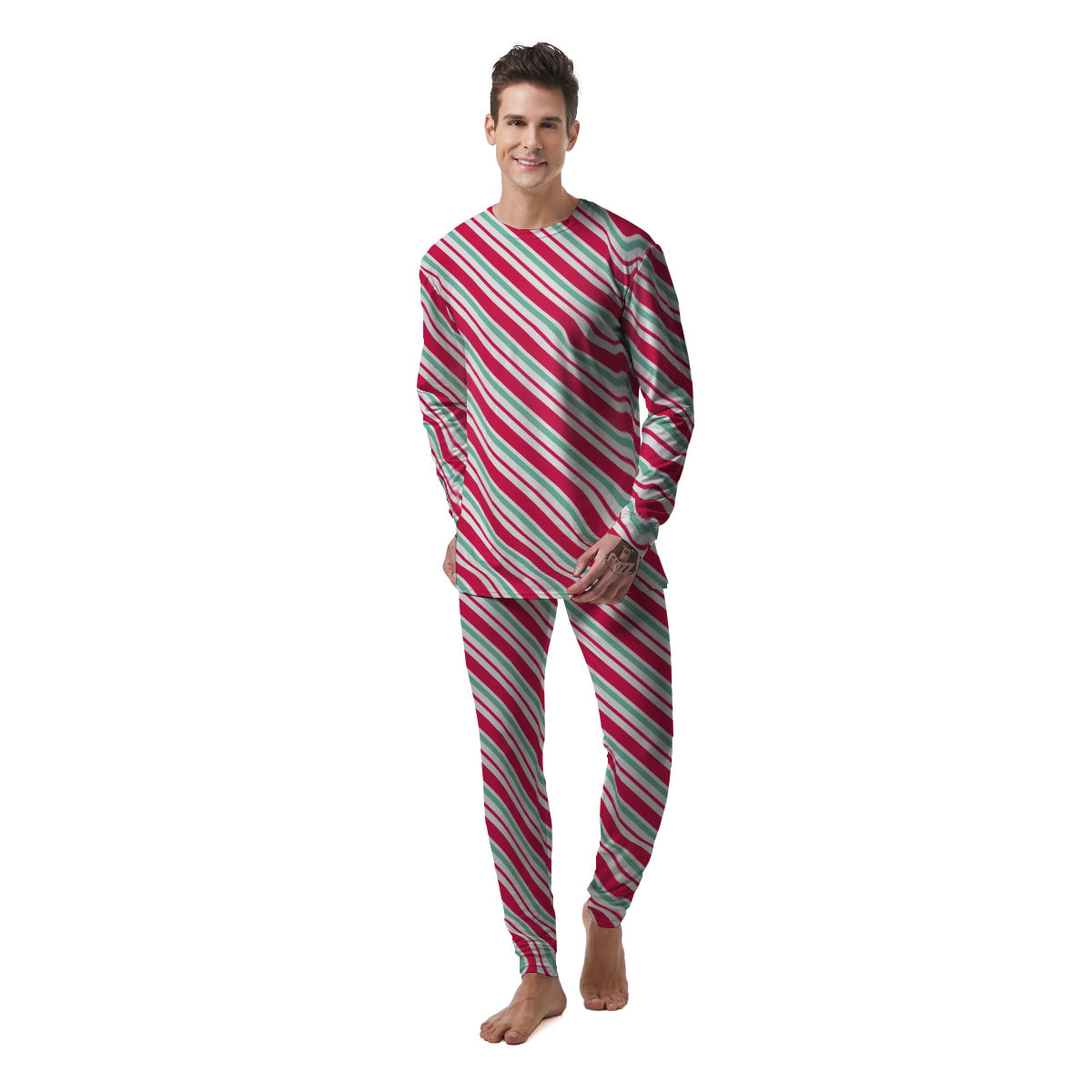 Candy Cane Striped Christmas Print Men's Pajamas-grizzshop